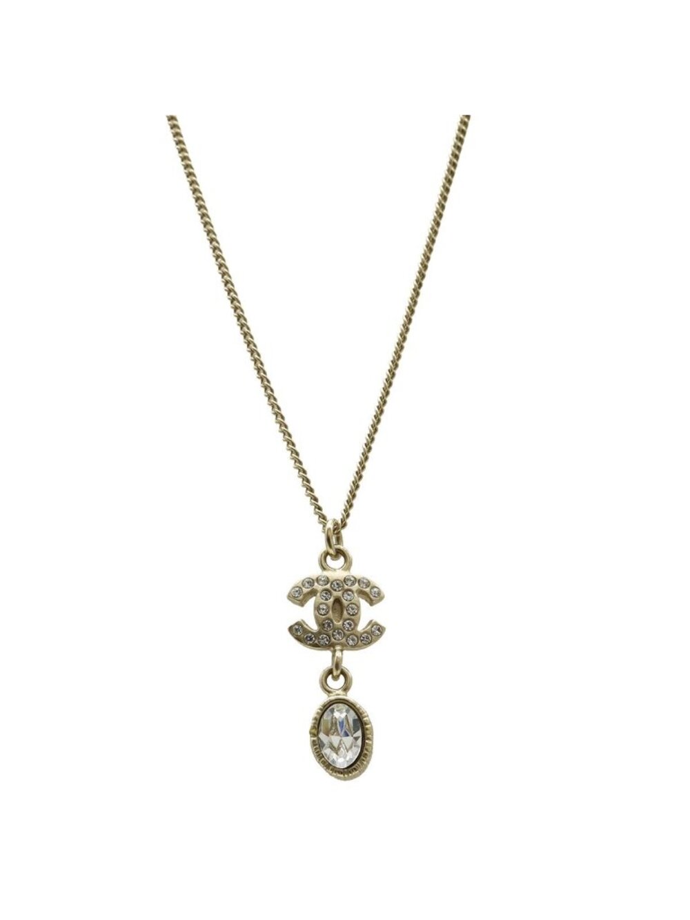 Chanel 09A CC Logo Pendant Rhinestone Crystal Gold Plated Necklace